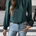 Long Sleeves Loose Elasticity Pleated Ruffle Trim Solid Color Mock Neck Blouses&Shirts Tops
