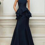 Navy Sleeveless Peplum Mermaid Maxi Dress