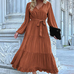 Cinnamon knot Lantern Sleeve Ruffled Hem Pleated Dress
