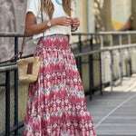 Resort Style Unique Print Pleated Elastic Waist Maxi Skirt