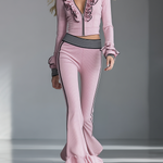 Elegant Sporty Black-trimmed Pink Flared Pants Set