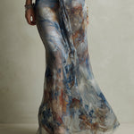 Vintage Holiday Floral Print Chiffon Maxi Dress With Tie-neck Detail