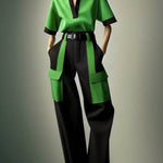 Half Sleeves Loose Contrast Color No Belt Pockets Split-Joint V-Neck Casual Pants Bottoms Trousers