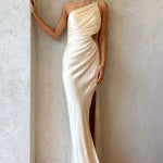 One Shoulder High Slit Ruched Evening Gown Cami Maxi Dress