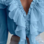 Loose-fit V-neck pullover chiffon shirt with ruffles