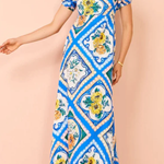 Art Blue Square Collar Print Linen Long Dresses Summer