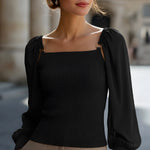 Ribbed Knit Top With Chiffon Balloon Sleeves
