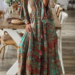 V-Neck Loose Peris Print Vacation Long Sleeve Maxi Dress