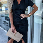Lucky To Have You Padded Shoulder Ruched Slit Midi Dress