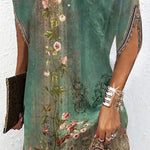 Batwing Sleeves Loose Flower Print Round-Neck Mini Dresses