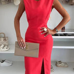 Solid Color Round Neck Sleeveless Slim Fit Slit Midi Dress