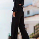 Casual Simplicity Solid Fold Off the Shoulder Long Sleeve Two Pieces