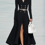 Long Sleeves Buttoned Solid Color Notched Collar Maxi Dresses Shirt Dress