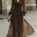 Leopard Print Wrap Midi Dress With Long Sleeves
