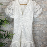 Sweet Valor Crochet Lace Puff Sleeve Button Up Mini Dress