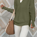 Half-Zip V-Neck Relaxed Rib-Knit Sweater