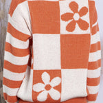 Checkered and Striped Knitted Pullover Sweater