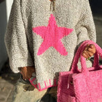 Warm Winter Day Texture Knit Star Pattern Contrast Color Loose Sweater