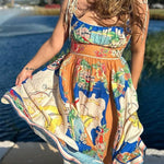 Unique Printed Lace-up Suspender Pockets Casual Resort Style Midi Dress