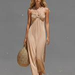 Women's Taupe Stretch Jersey Dress With Halter Neck & Keyhole Cutout, Timeless Effortless-Boho Style Dress