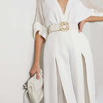 Solid Color Split-Front Contrast Color Tied Waist High Waisted V-Neck Jumpsuits