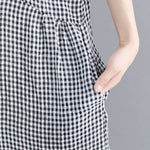 Artistic Retro Loose Split-Joint Plaid Buttoned Stand Collar Half Sleeves Midi Dress