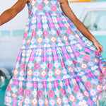 Sky Blue 60s Flower Split Neck Sleeveless Tiered Maxi Dress