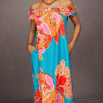 A-Line Loose Elasticity Flower Print Pleated Split-Joint Off-The-Shoulder Maxi Dresses