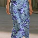 Floral Satin Bodycon Midi Dress With Slim Spaghetti Straps