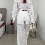 Vivi Embroidered Lace Cutout Long Sleeve Pocket Elastic Waist Loose Shirt Jumpsuit