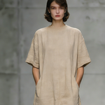 Women's Elegant, Natural-colored Cotton And Linen Blend Round-neck, Short-sleeved, Loose-fitting Long Dress