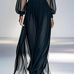 False Two Loose Gauze Pleated See-Through Round-Neck Maxi Dresses