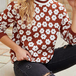 Mock Neck Floral Print Knitted Sweater Color Block Light Weight Sweater