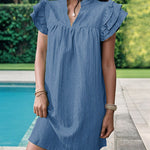 A-Line Loose Ruffled Solid Color Stand Collar Mini Dresses