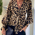 Janae Leopard Print Front Tie-up Lantern Sleeve Casual Blouse