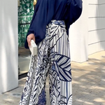 Loose Puff Sleeves Solid Color Off-The-Shoulder Blouses& Printed Pants Two Pieces Set