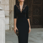 Lace-Trim V-Neck Three-Quarter Sleeve Midi Dress