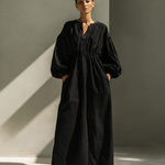 Women's Casual Black Cotton And Linen V-neck Loose Long-sleeved Maxi Dress