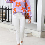 Floral Print Color Block Pullover Long Sleeve Sweater