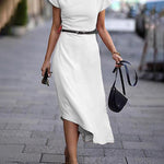 A-Line Loose Asymmetric Solid Color Mock Neck Midi Dresses