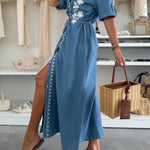 V-neck single-breasted short-sleeved dress