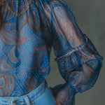 Vintage Pleated Neck Ruffle Cuffs Paisley Chiffon Blouse
