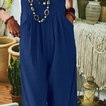 Solid Color Sleeveless Pocket Casual Wide Leg Side Button Jumpsuit