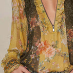 Zip-Front Ruffled Floral Chiffon Blouse