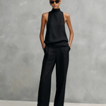 Women's Elegant Black Cotton And Linen Round-neck Sleeveless Top And Trousers Set