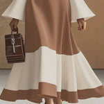 Flared Sleeves High Waisted Contrast Color Pleated Split-Joint Mock Neck Maxi Dresses