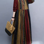 Vacation Loose Long Sleeves Contrast Color Printed Round-Neck Midi Dresses