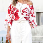 Long Sleeves Loose Contrast Color Flower Print One-Shoulder Blouses&Shirts Tops