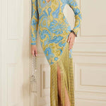Golden Age Knit Paisley Print Long Sleeve Tassle Hem Maxi Dress