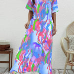Elegant V-Neck Printed High Waist Loose Swing Dress